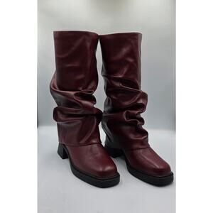Women’s Burgundy Slouch Mid-Calf Boots Block Heel Square Toe Size 9.5 New